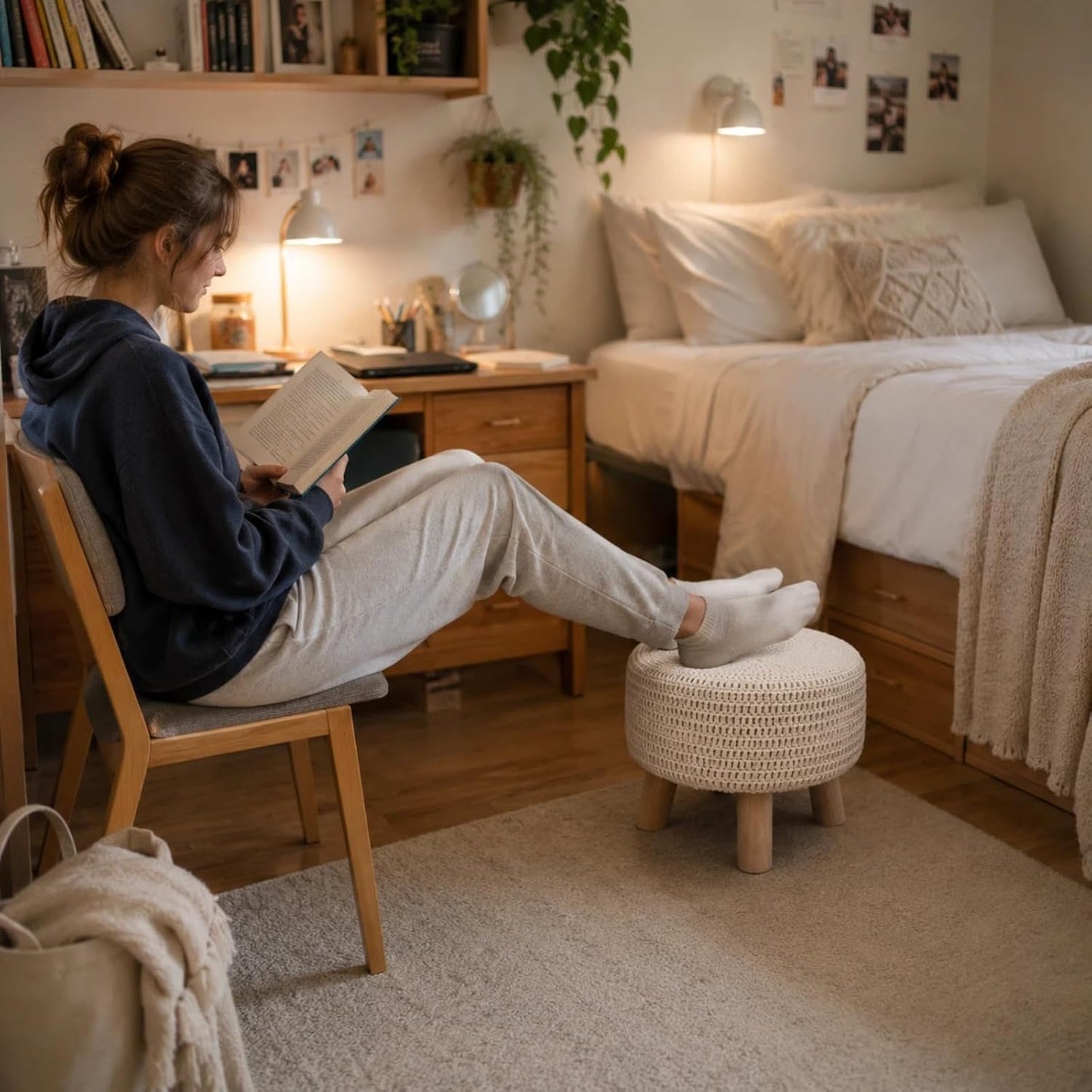 Wimarsbon Pouf Ottoman, 100% Cotton Knitted Boho Footstool, Round Footrest with Non-Skid Wood Legs, Home Décor Handmade Pouffe, Leisure Floor Step Stool for Living Room (Beige)