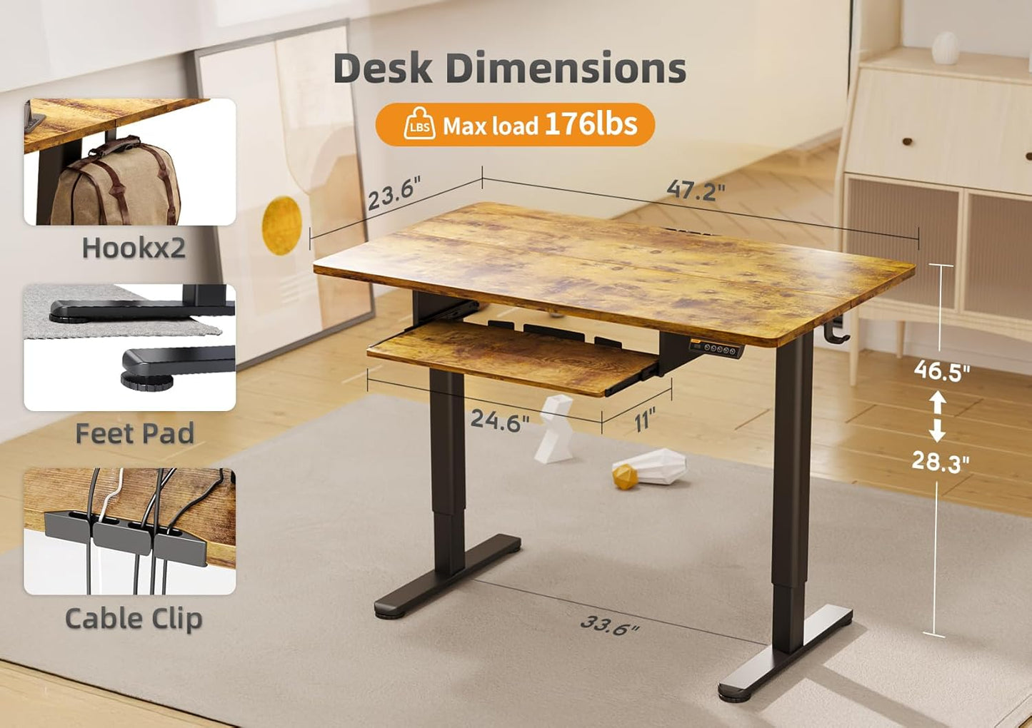 YDN Standing Desk with Keyboard Tray, 48 Inch Height Adjustable Desk, Brown Stand Up Desks for Home and Office, 48inch Rustic Brown