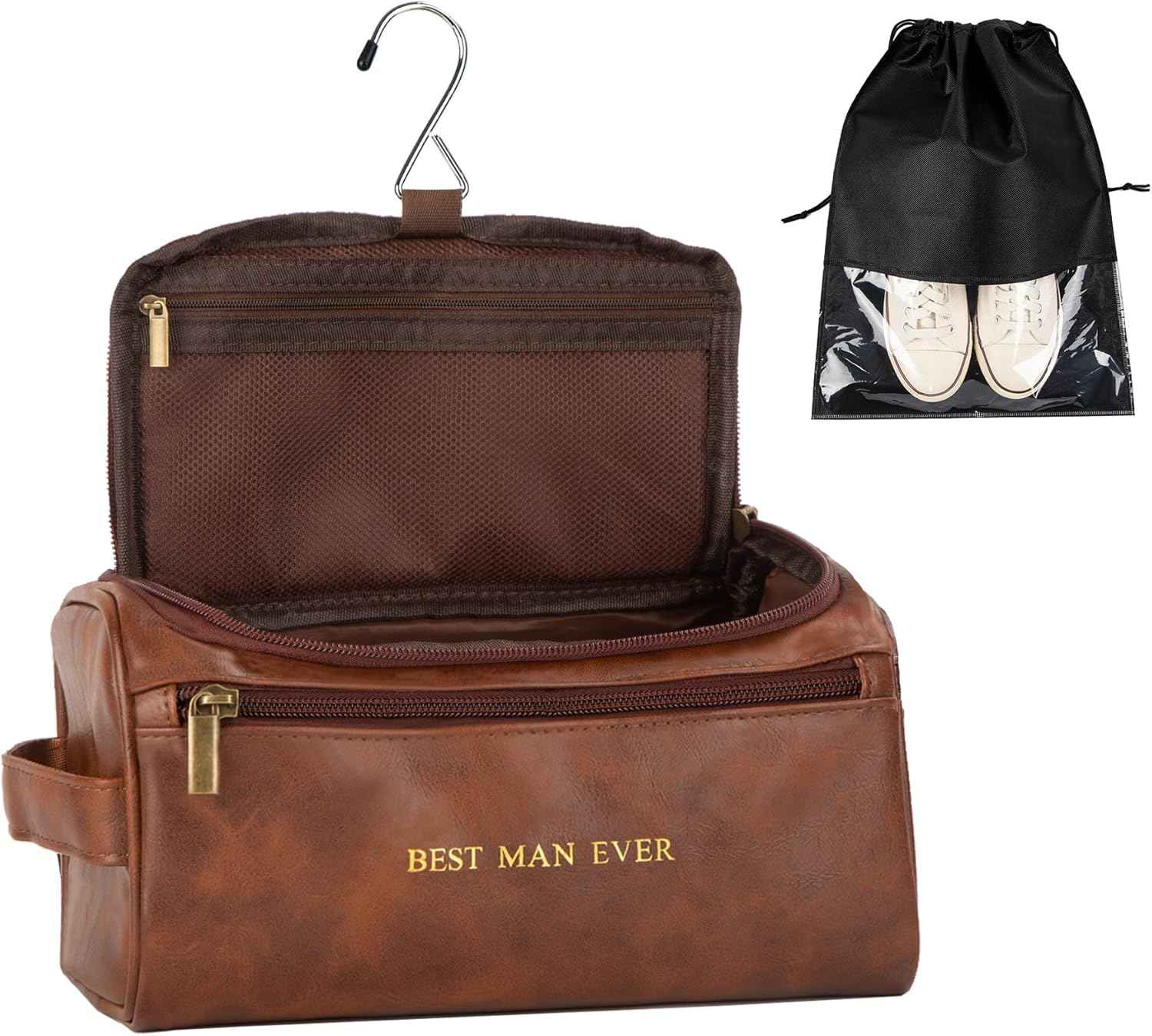 Mens Toiletry Travel Bag Groomsmen Father Dad Mens Leather Toiletries Grooming Bag for Men Shaving Bag Hanging Water Resistant Organizer (Brown)