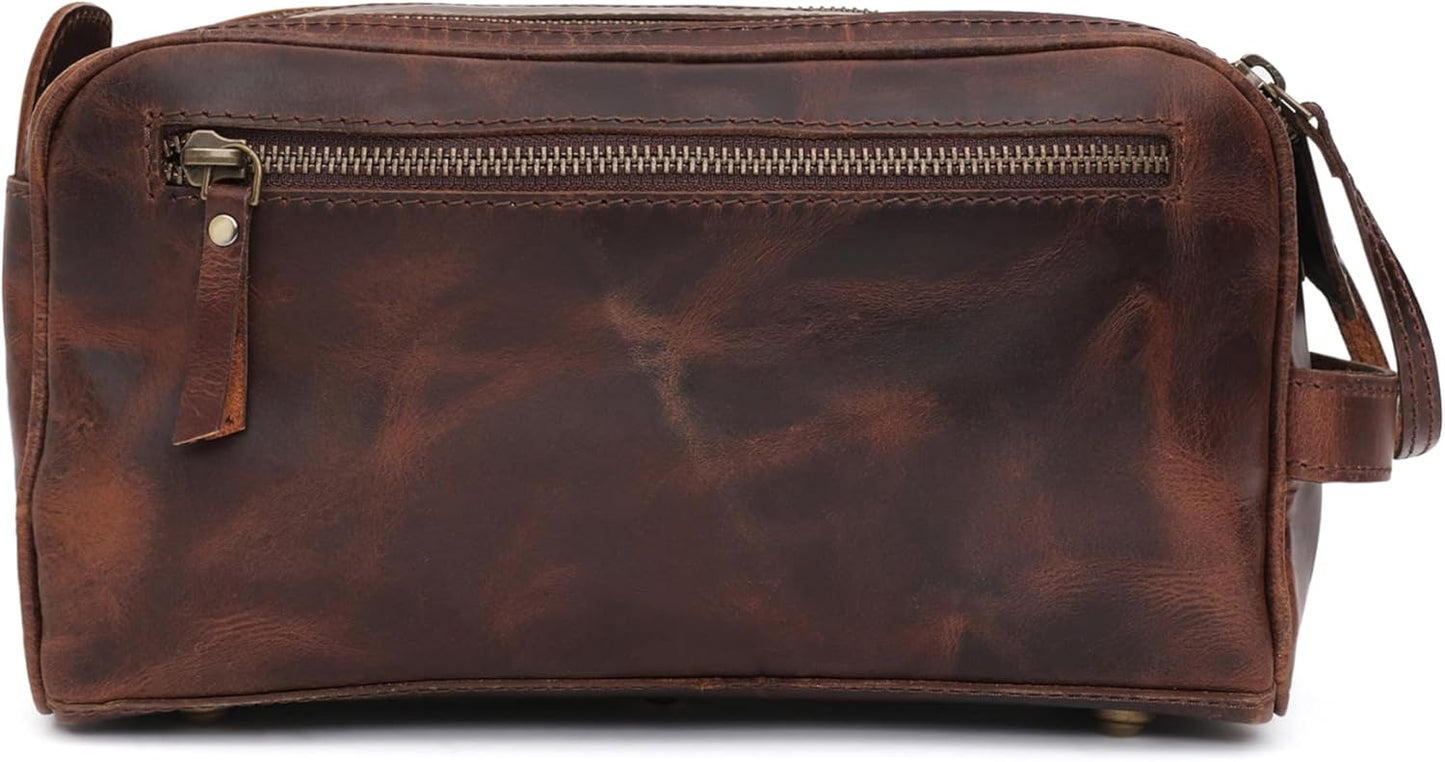 Toiletry Bag for Men – Genuine Leather Dopp Kit, Travel Organizer for Grooming Essentials, Large Shaving Kit Pouch, Durable Dark Brown Gift for Men