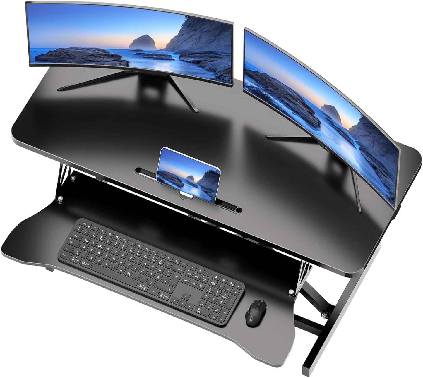 32" Stable Standing Desk Converter, Height Adjustable Sit to Stand Up Desk Riser with Keyboard Tray for Home or Office, Wide 2-Tier Desktop, Dual Monitor and Computer Workstation, Black