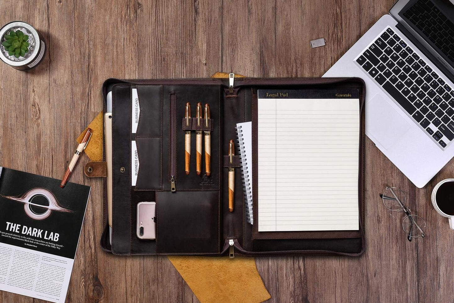 Genuine Leather Business Portfolio Padfolio Folder with Zipper for Men, Men's Leather Padfolio Folder for 13" Laptop, Business Portfolio with Letter Size Notepad, Graduation Gift，Dark Brown