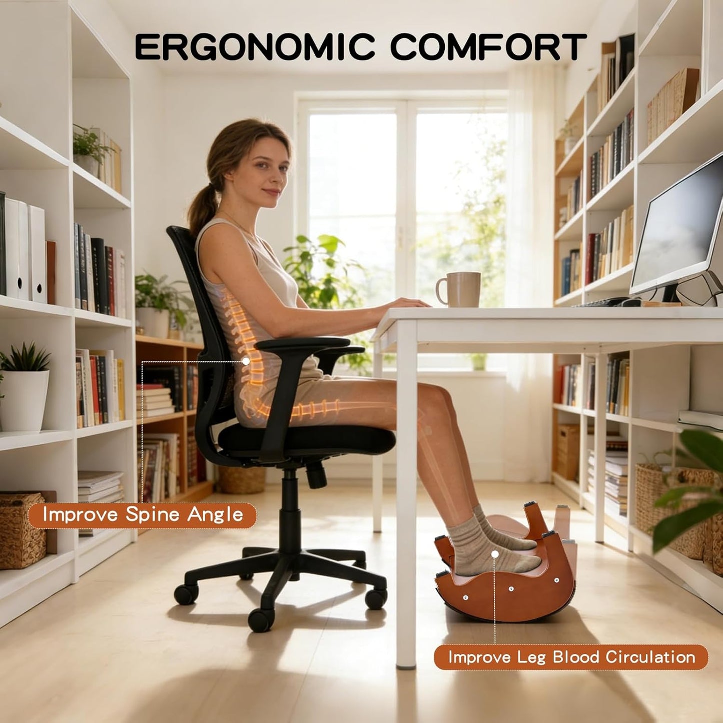 Foot Rest Under Desk – Ergonomic Solid Wood Under Desk Footrest with Non-Slip Silicone Top & Rubber Feet, 10° Tilt Foot Stool for Office Home, 40×28×16cm