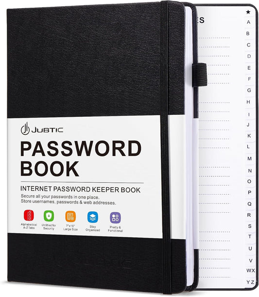 JUBTIC Password Book with Individual Alphabetical Tabs, 7"x10" Internet Password Keeper Book for Seniors, Password Notebook and Organizer/Notes Section, Black