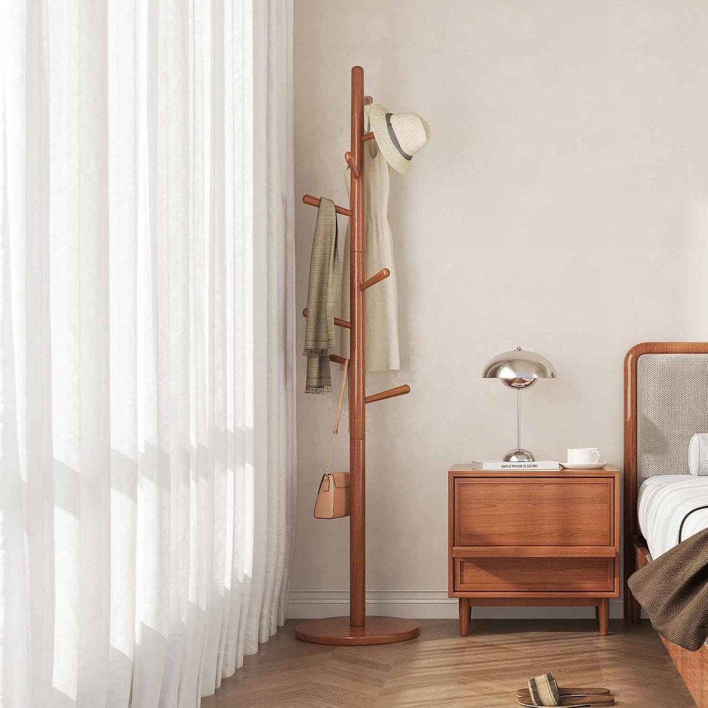 Uniclinens Coat Rack Freestanding Solid Wood Coat Tree Standing with 8 Hooks, Coat Rack Stand Creative Tree Branch-Look (Teak)