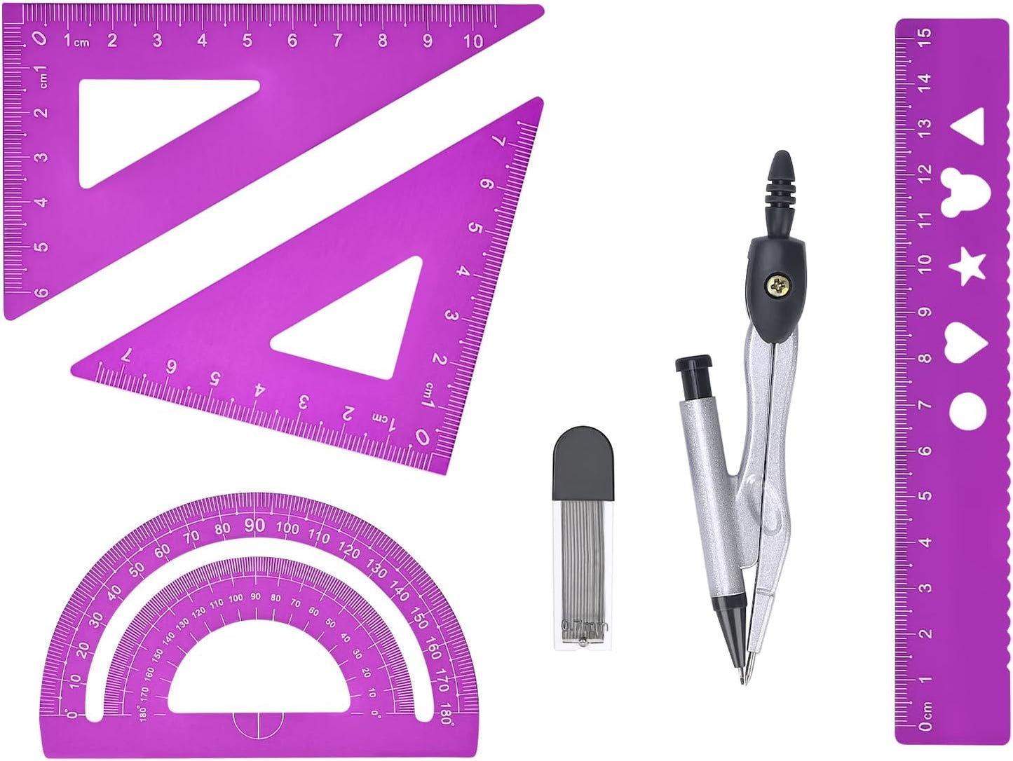 6 Pcs Metal Geometry Set, Math Geometry Kit, Metal Ruler Set and Compass Geometry Tool, Rulers Protractor and Compass Set for Student School and Drawings Supplies (Purple)