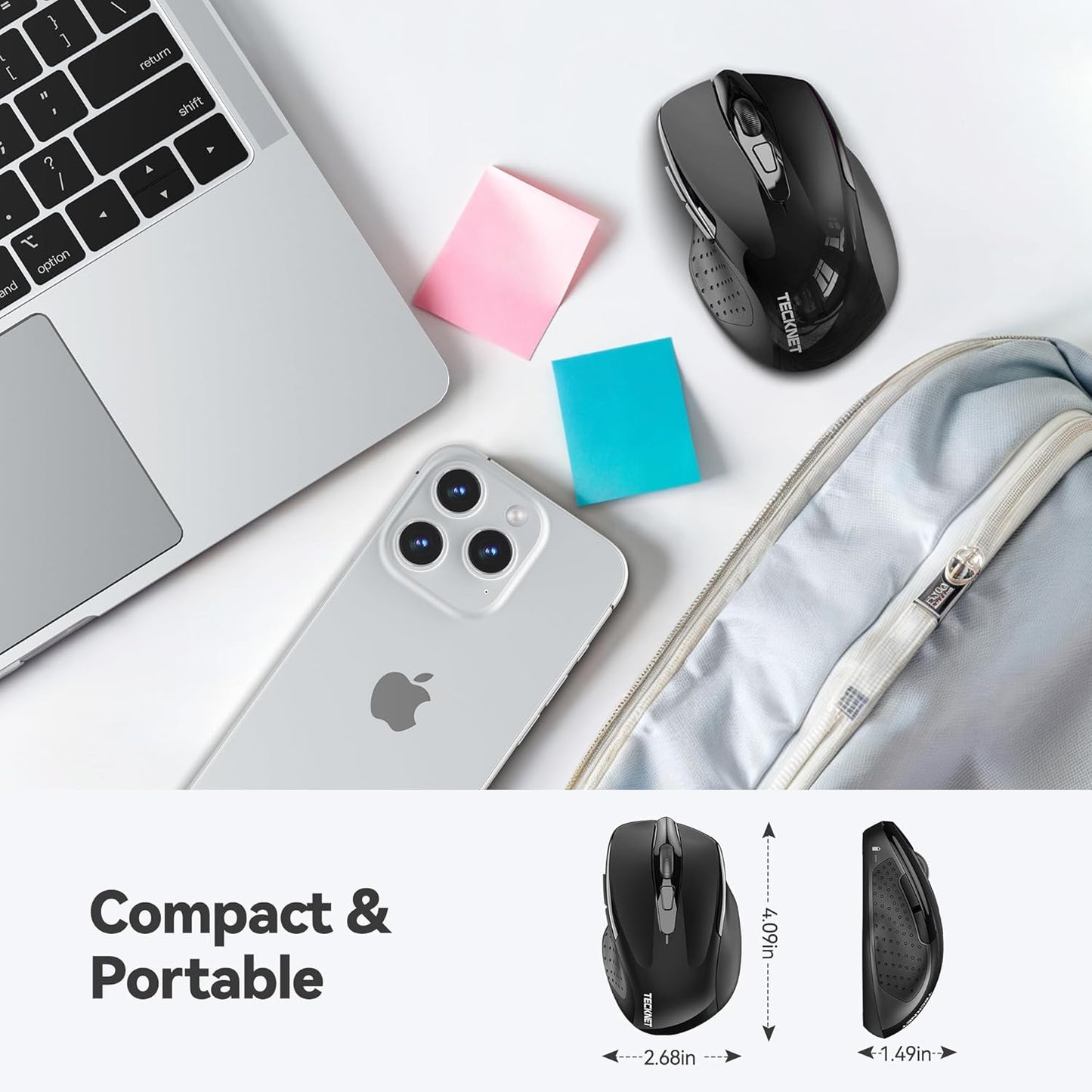 TECKNET Wireless Silent Mouse, Quiet Click, 2.4G Optical Cordless Mouse, 6 Adjustable 4000 DPI, Computer Mice for Laptop, Chromebook - Black