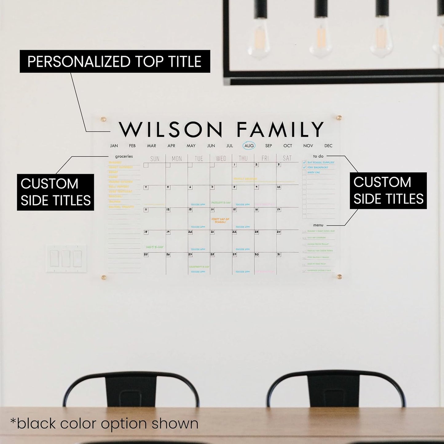 Personalized Clear Acrylic Calendar for Wall, Calendar Whiteboard for Wall, Dry Erase Wall Calendar, Wall Calendar Organizer System for Home (Block, Black, 31"W x 23"H)