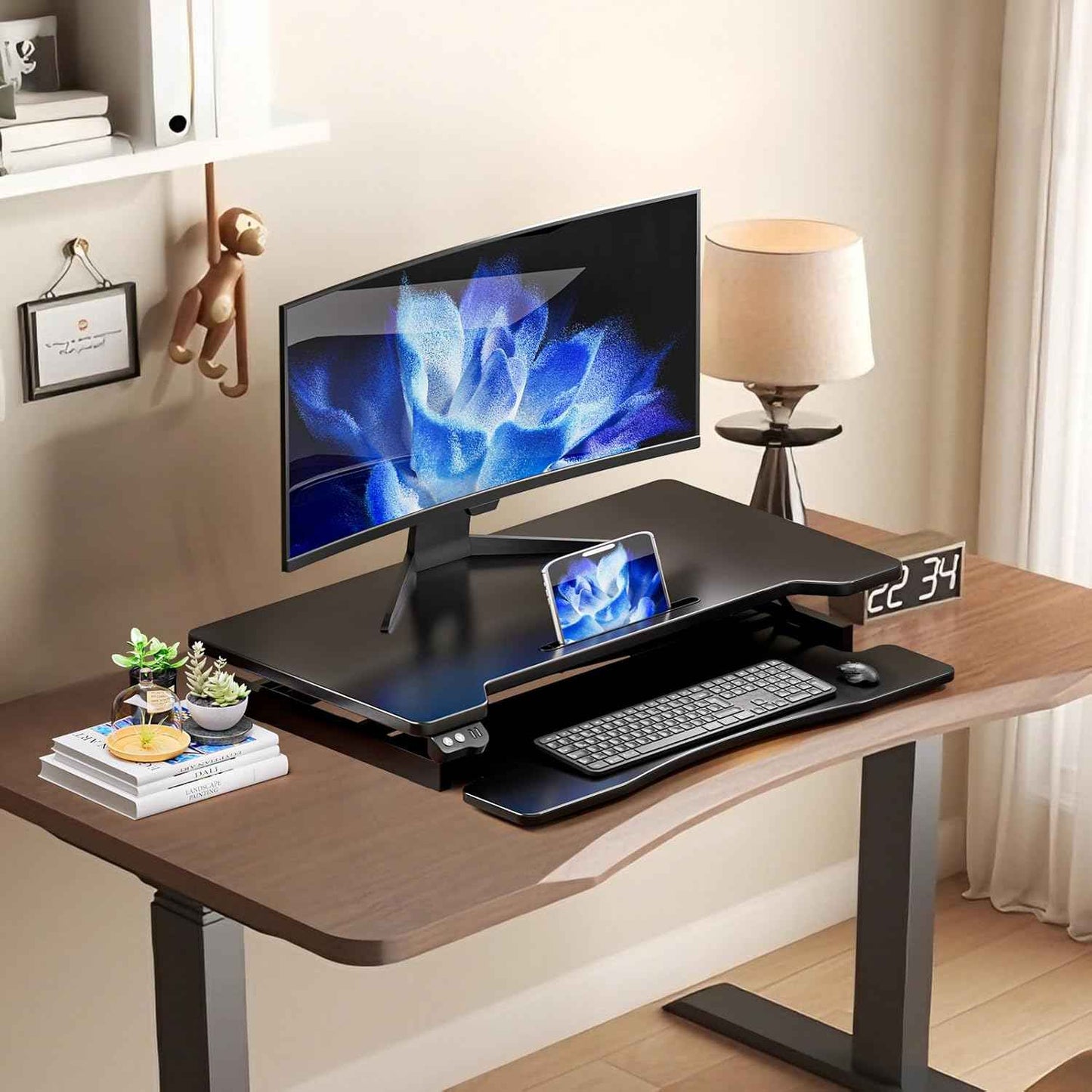 36" Electric Standing Desk Converter, Height Adjustable Sit to Stand Up Desk Riser with Wide Keyboard Tray, Dual Monitor and Laptop Motorized Desktop Workstation for Home & Office, Black