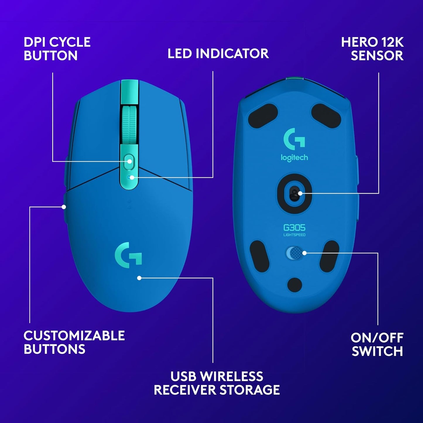 Logitech G305 LIGHTSPEED Wireless Gaming Mouse, Hero 12K Sensor, 12,000 DPI, Lightweight, 6 Programmable Buttons, 250h Battery Life, On-Board Memory, PC/Mac - Blue