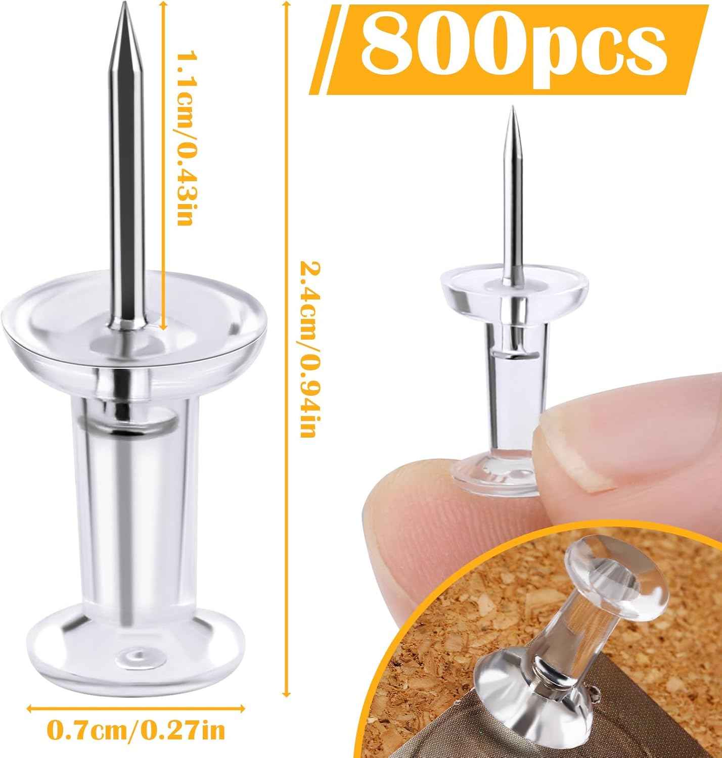 800 Pack Push Pins for Bulletin Board, Push Pins Tacks, Thumb Tacks with Clear Plastic Head and Steel Point, Clear Push Pins for Wall Hanging, Cork Board, Calendar, Photo, Home, Office, Craft Projects