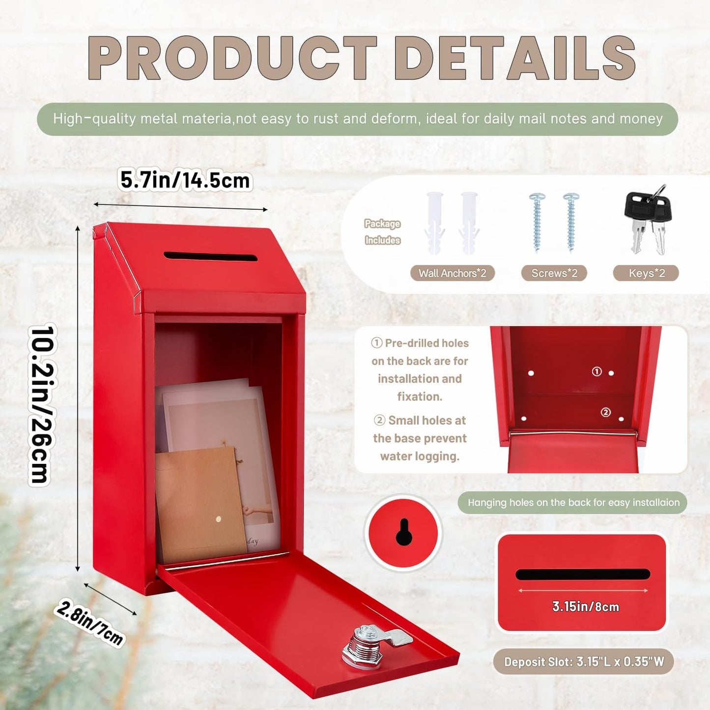 Metal Donation Money Cash Drop Box with Lock and Slot Suggestion Box Wall Mounted Ballot Container Mailbox Delivery for Home Office (Red, 10.24″ x 5.71″ x 2.95″)