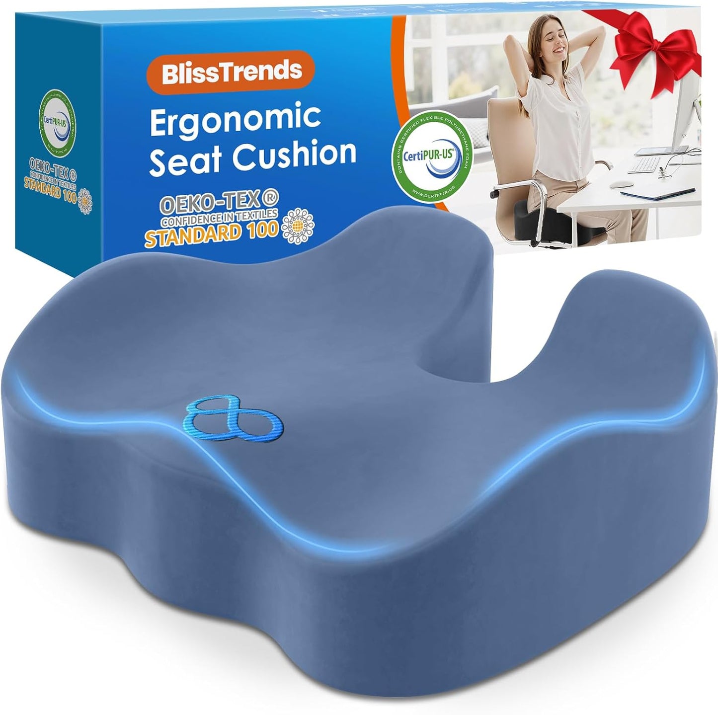 BlissTrends Seat Cushion,5.2in Thick Memory Foam Cushions for Office Chair, Car Seat, Airplane, Relieving Pressure Tailbone Sciatica Back Pain for Long Sitting Office Workers, Car Drivers LightBlue