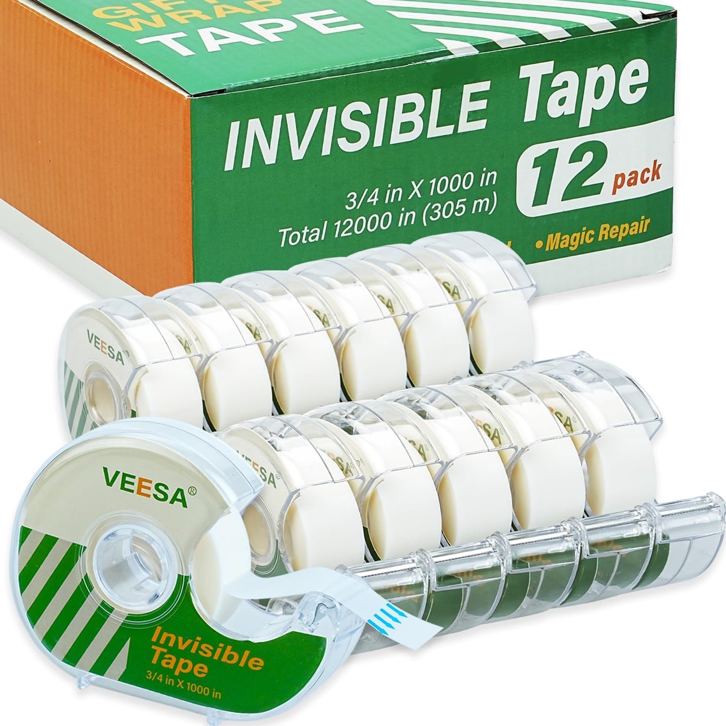 VEESA 12 Rolls Invisible Tape with Dispenser, 3/4 x1000 Inches, Gift Wrapping Tape for Label & Mend, Classroom, Office, School Supplies - Lumora Desk