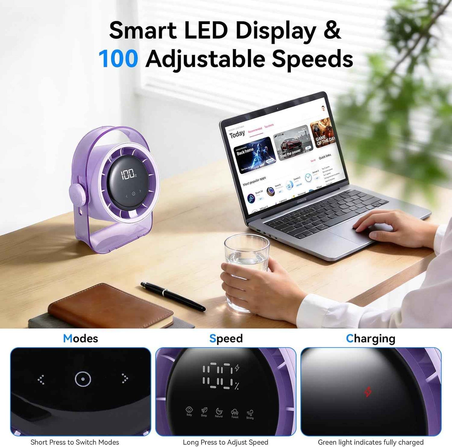 VAVOFO Desk Fan, Small Quiet LED Display Portable USB Fan, 180°Tilt, 100 Speeds, 5 Modes, Rechargeable 3600mAh Battery Operated Table Fans For Office, Bedroom, Outdoor（Purple）