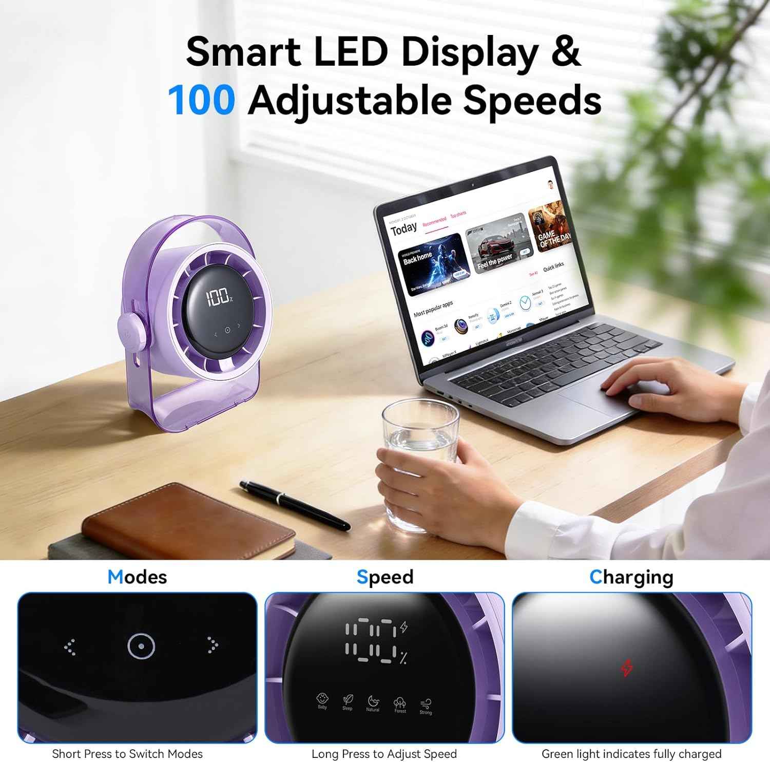 VAVOFO Desk Fan, Small Quiet LED Display Portable USB Fan, 180°Tilt, 100 Speeds, 5 Modes, Rechargeable 3600mAh Battery Operated Table Fans For Office, Bedroom, Outdoor（Purple）