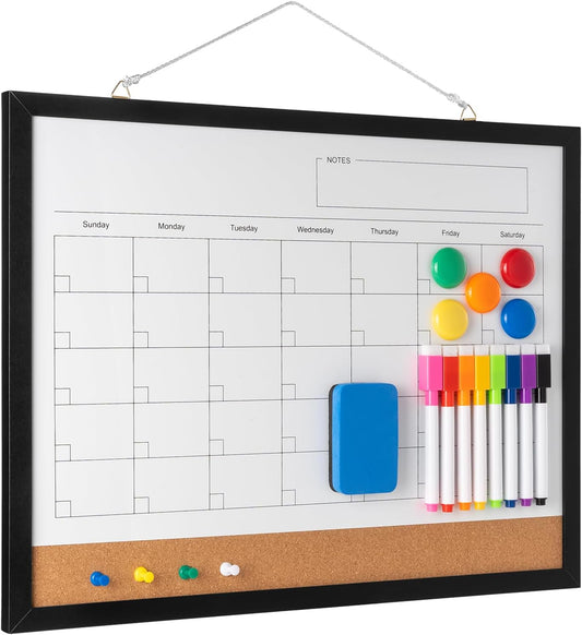 Dry Erase Calendar Whiteboard, 17" x 13" Magnetic Whiteboard Cork Board Combo, Reusable Monthly Planner with 8 Markers, Eraser, Magnets and Pushpins, Hanging Dry Erase Board for Home, School - Black - Lumora Desk