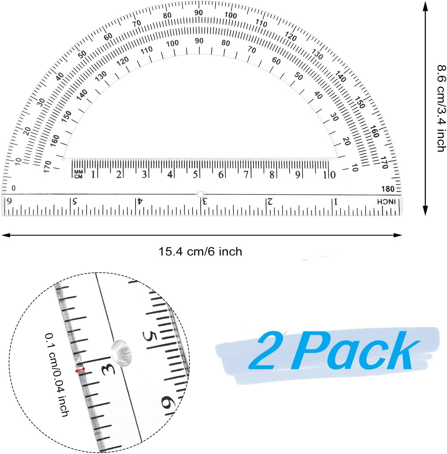 Zonon 2 Pcs 6 Inch Plastic Protractor Math Protractors 180 Degrees Angle Measurement, Translucent for Geometry Classroom Kid Student School Office Supplies(Clear)