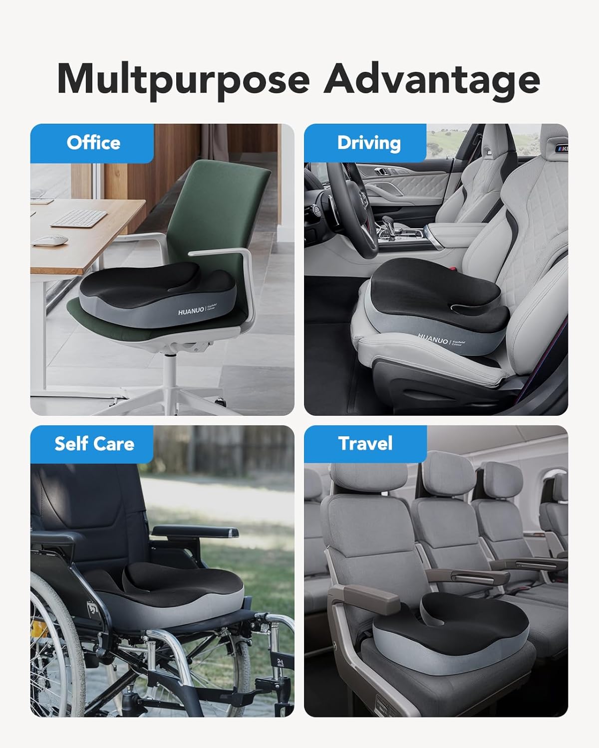 HUANUO Seat Cushion for Office Chairs, Extra Large Desk Chair Cushion for Back Pain Tailbone Pain Relief, Ergonomic Memory Foam Car Seat Cushion, Wheelchair Cushions for Long Sitting, Anti-Slip Bottom