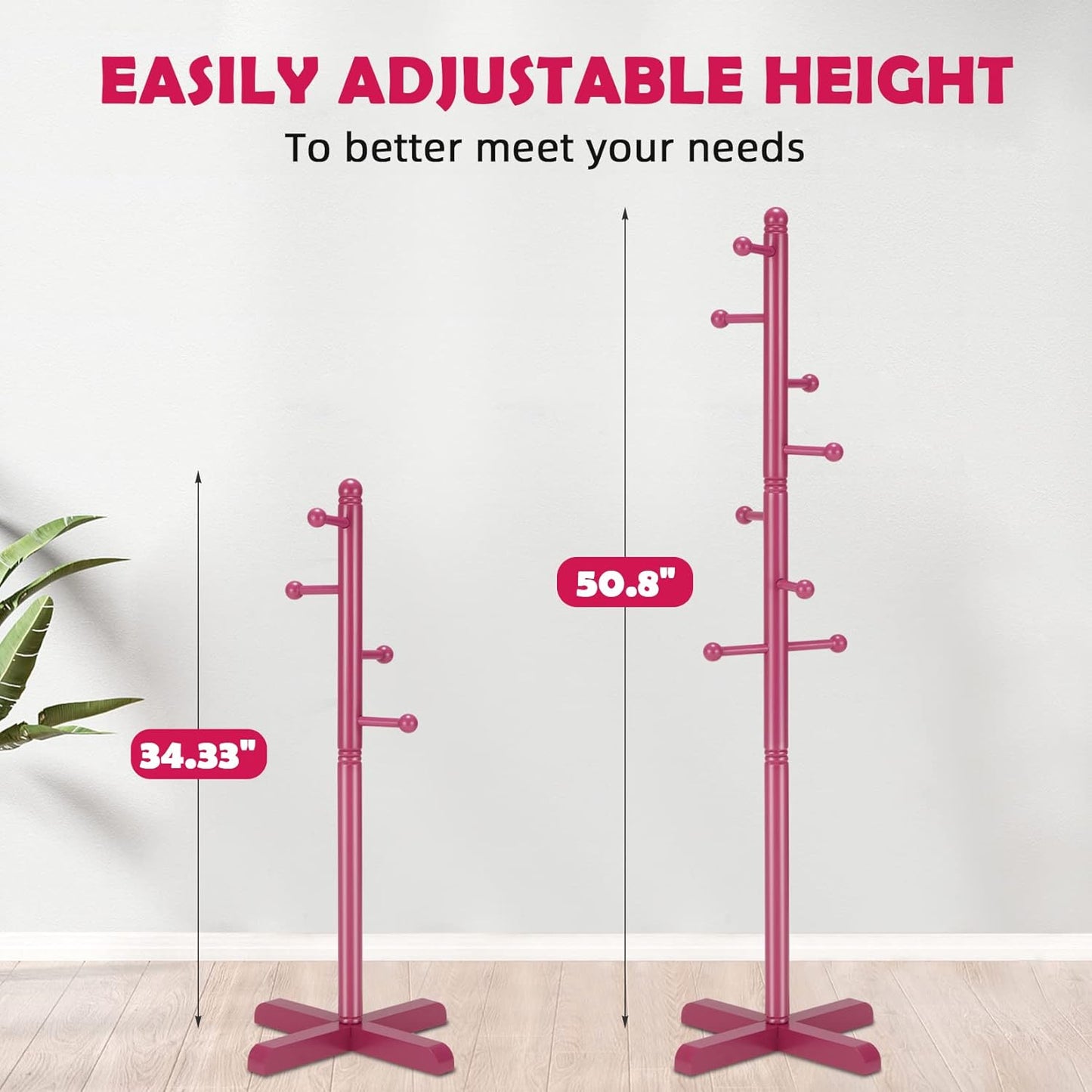Kids Coat Rack, Freestanding Coat Racks with 8 Hooks 2 Adjustable Height, Tree Coat Rack for Bedroom, Hallway, Entrance, Office, Hats, Handbags,Purse (Dark-Rose) - Lumora Desk