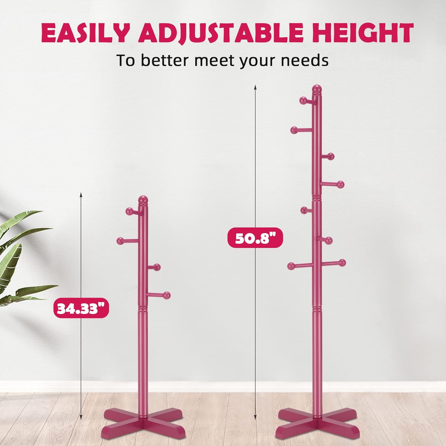 Kids Coat Rack, Freestanding Coat Racks with 8 Hooks 2 Adjustable Height, Tree Coat Rack for Bedroom, Hallway, Entrance, Office, Hats, Handbags,Purse (Dark-Rose) - Lumora Desk