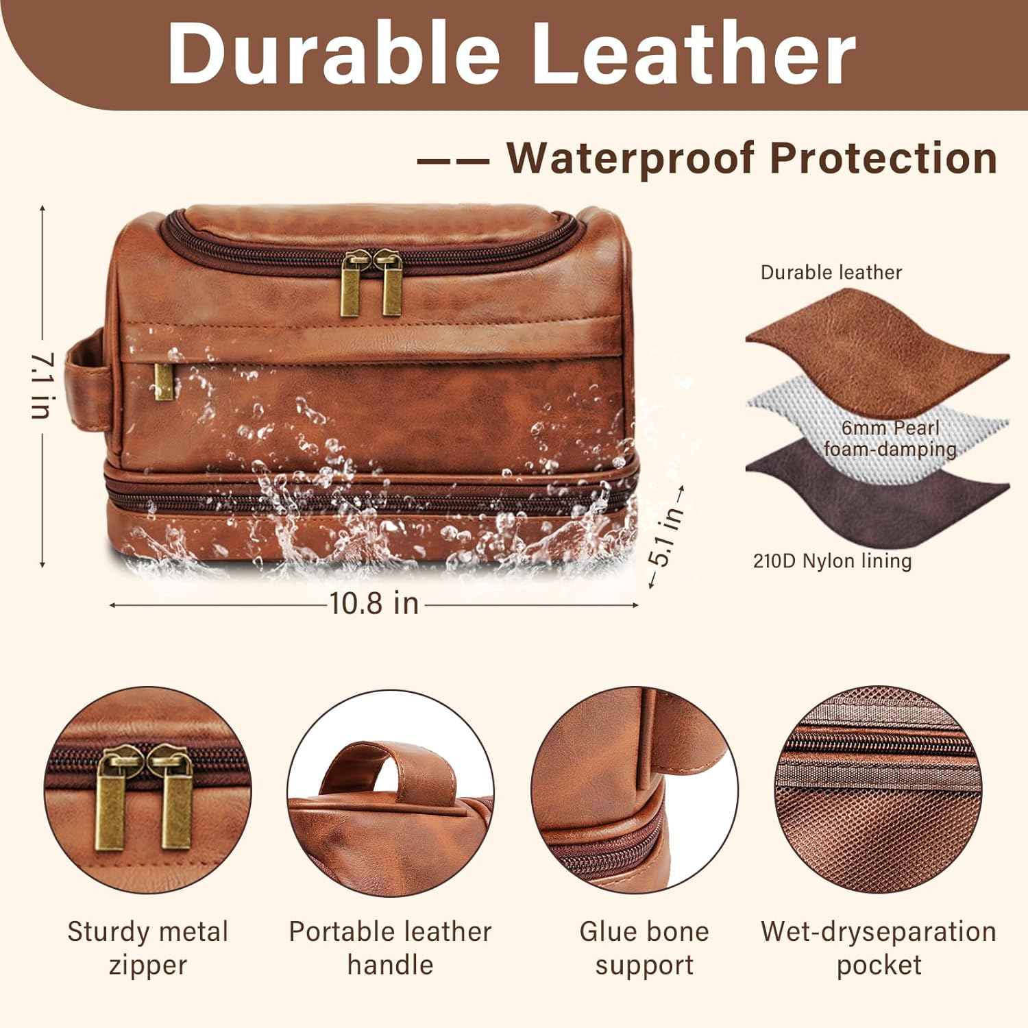Toiletry Bag for Men, Large Leather Travel Essentials Shaving Kit, Water Resistant Bathroom Toiletries Organizer Cosmetic Bags, Gifts for Men, Him, Father, Dad, Husband, Son, Boyfriend, Grandpa
