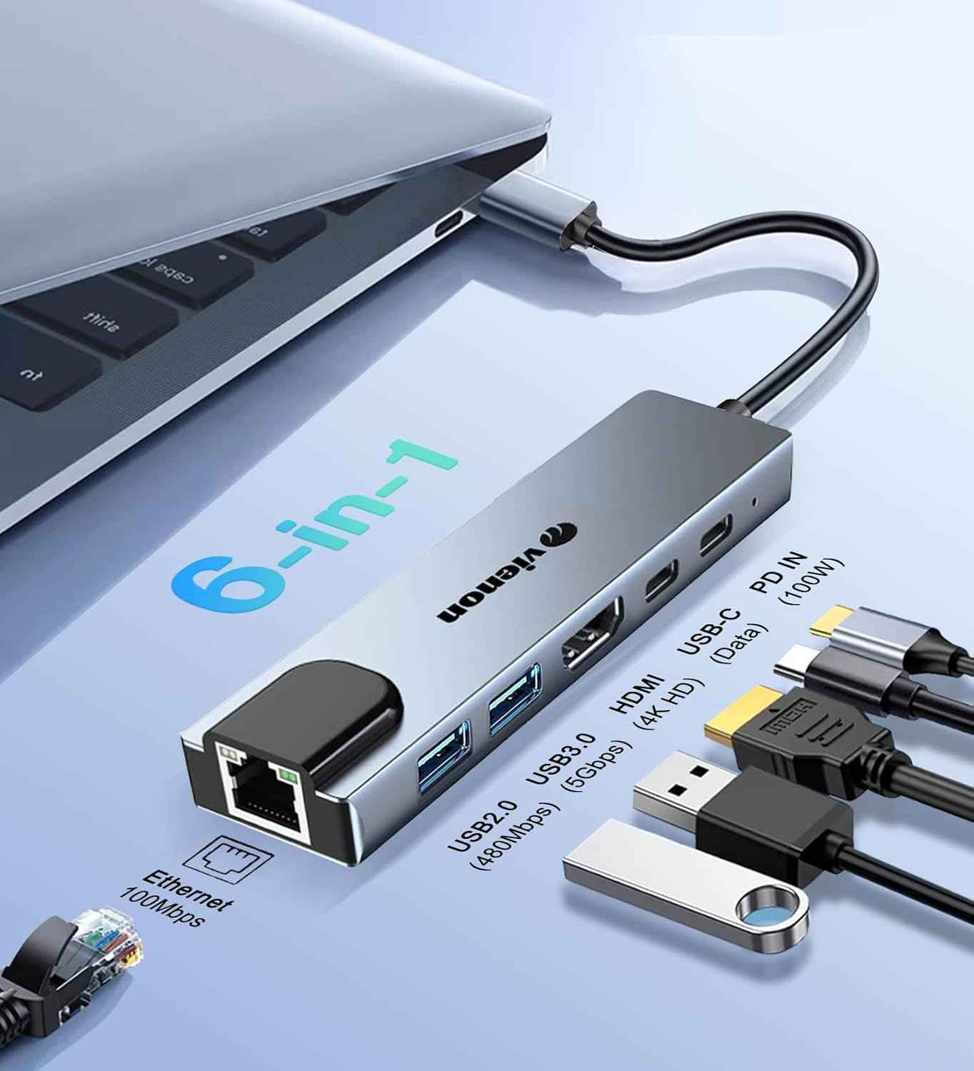 USB C Hub Ethernet HDMI Adapter, 6 in 1 Laptop Docking Station with 4K HDMI, RJ45 Ethernet,LAN USB C Dongle for MacBook Pro/Air, iPad Pro, Dell XPS etc