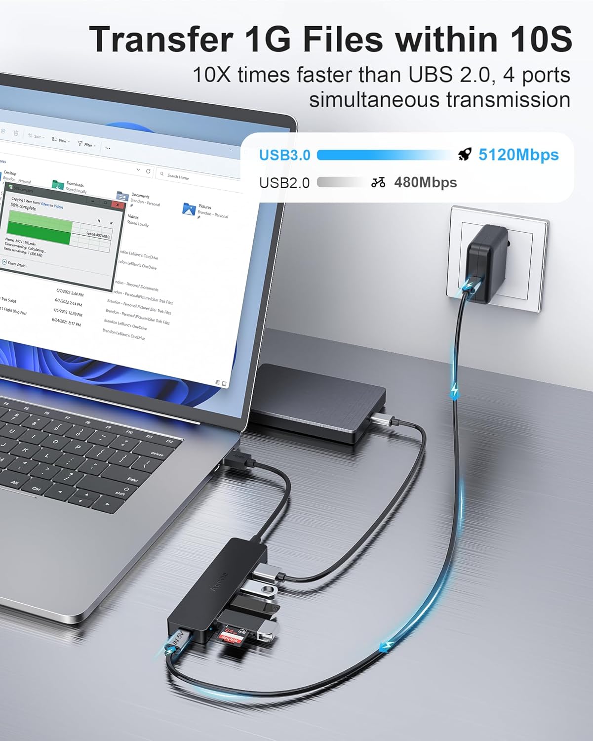 Aceele 4-Port USB 3.0 Hub, Ultra-Slim USB Hub with USB-C Powered Port[Charging/Monitor Not Supported], USB Port for MacBook, Mac Pro, iMac, Mac Mini, XPS, PC, Laptop, Flash Drive, Mobile HDD