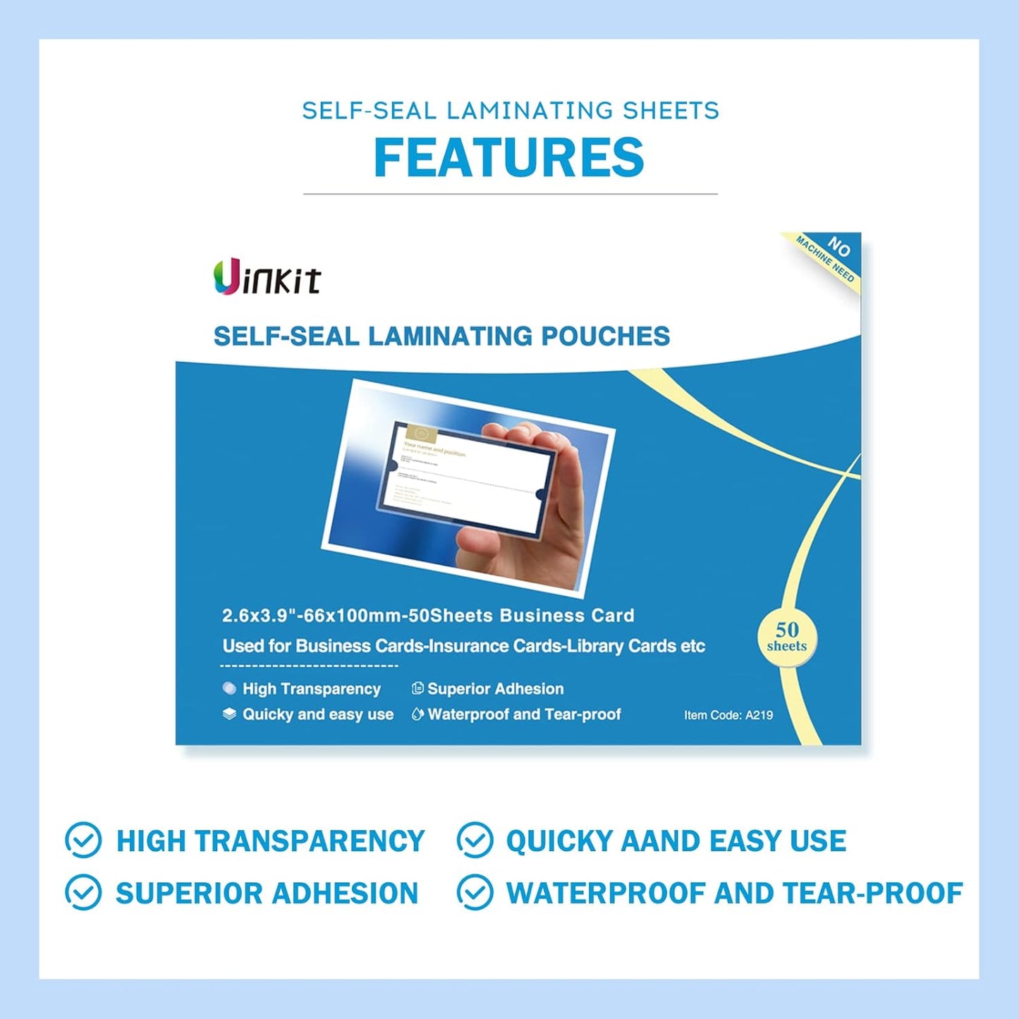 Uinkit 10 Mil 50 Pack Self Sealing Laminating Pouches, Laminate Plastic Sheets for 2.6 x 3.9-Inches Bussinesss Card Size Papers, Use in Office School Home Supplies, Glossy Finish, No Laminator Need