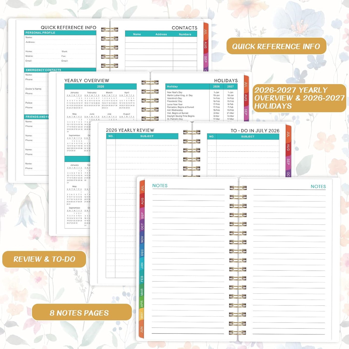 Pocket Planner 2026-2027 - Pocket Calendar 2026-2027 for Purse, JULY 2026 - JUNE 2027, 6.77” x 4.13”, Weekly and Monthly Planner with Colorful Tabs, Double-side Back Pocket, Holidays - Wildflowers