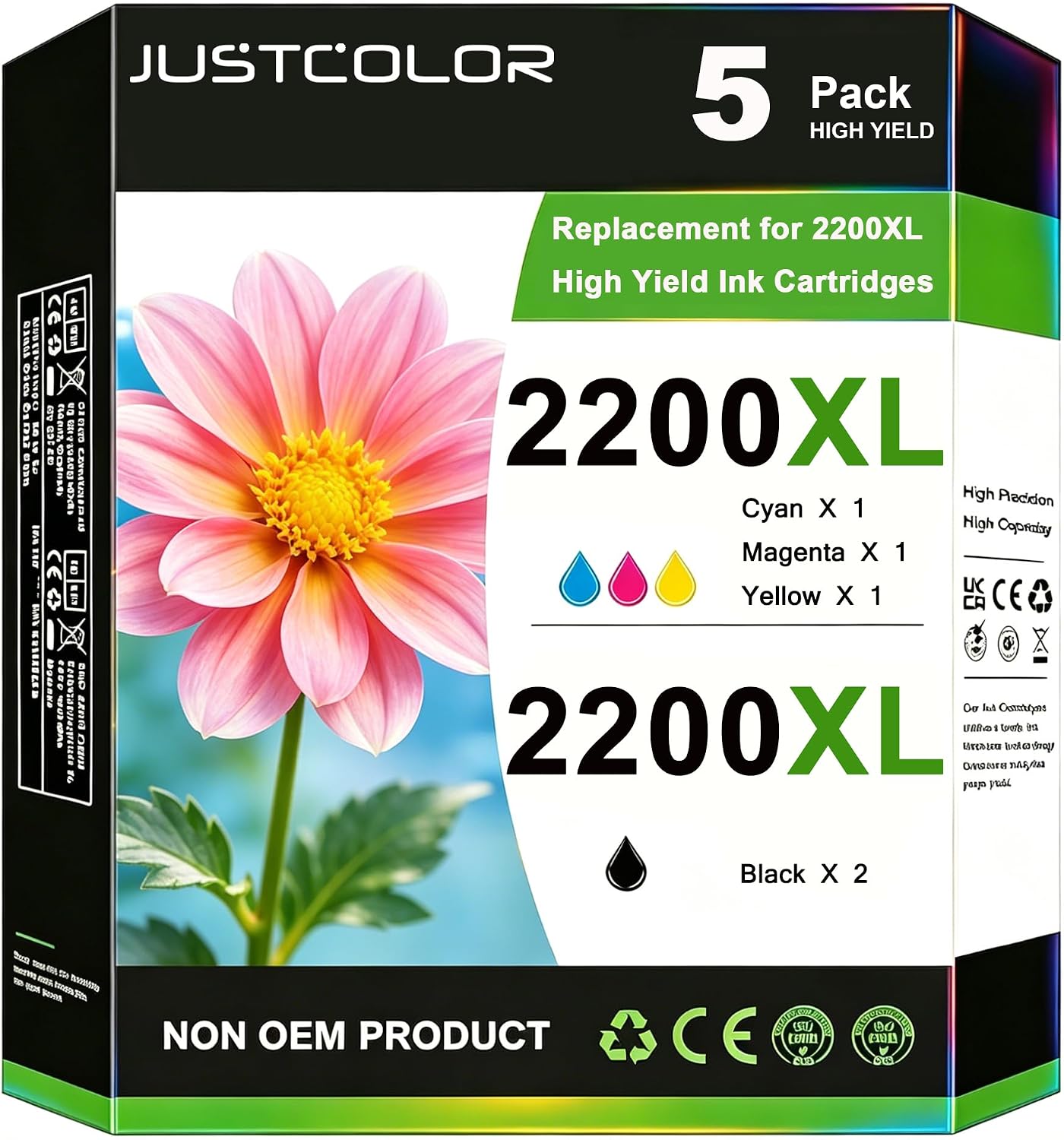 JUSTCOLOR Compatible PGI-2200XL 2200 XL Pigment Ink Cartridges Work with Maxify MB5020 MB5320 MB5120 iB4120 and iB4020 Printers (2 Pigment Black, 1 Cyan, 1 Magenta, 1 Yellow) 5 Pack