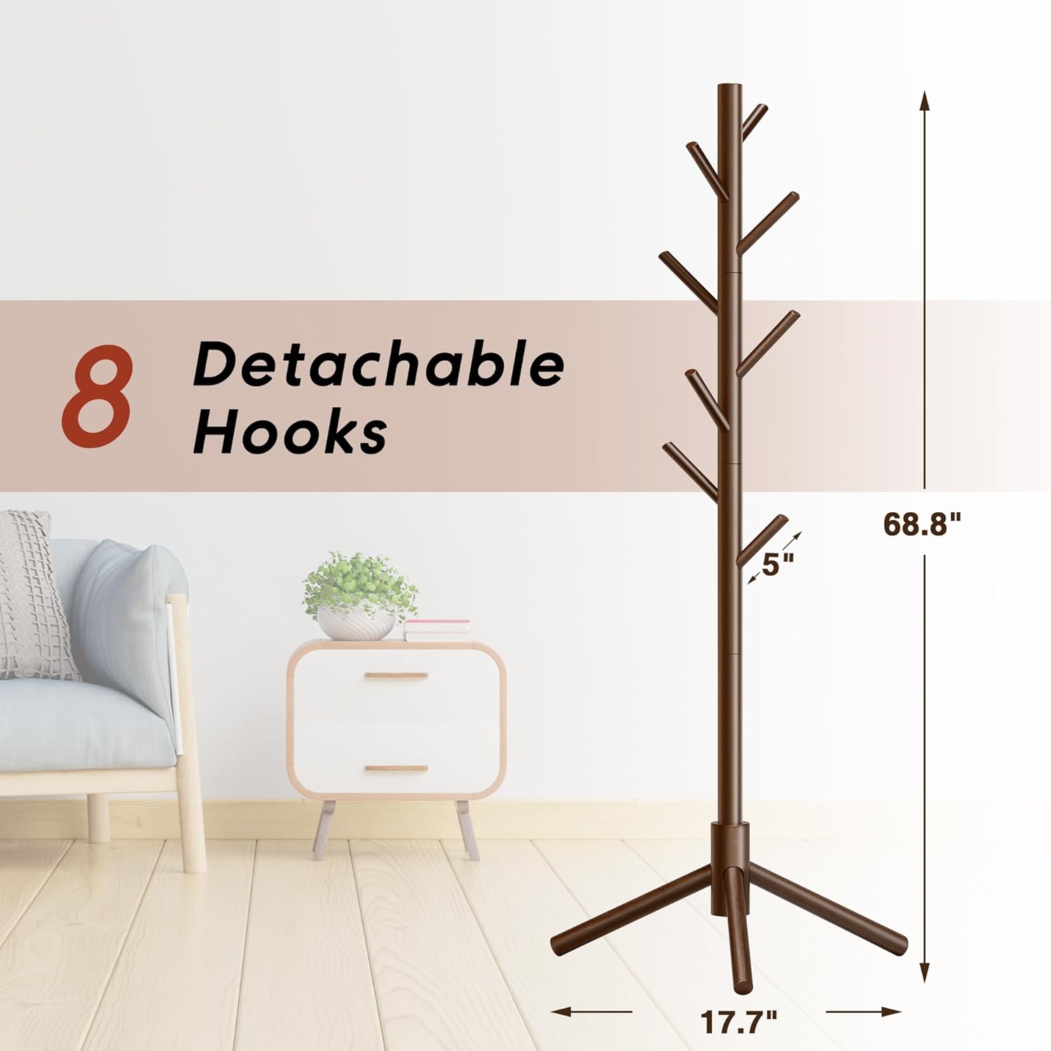 Wooden Coat Rack, Free Standing Coat Rack with 8 Hooks 3 Adjustable Heights for Clothes, Hats, Handbags, Coat Tree Easy Assembly for Entryway, Bedroom, Hallway, Office (New Brown) - Lumora Desk