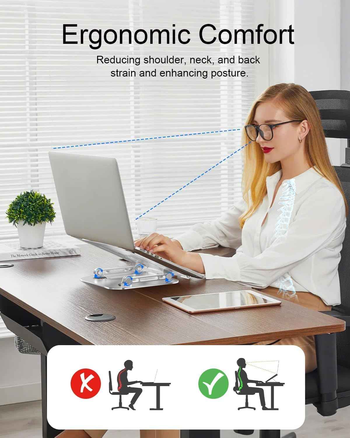 Laptop Stand for Desk, Adjustable Metal Foldable Laptop Riser Holder, Aluminum Desktop Book Stands, Ventilated Cooling Computer Notebook Stand with 10-17" (Silver)