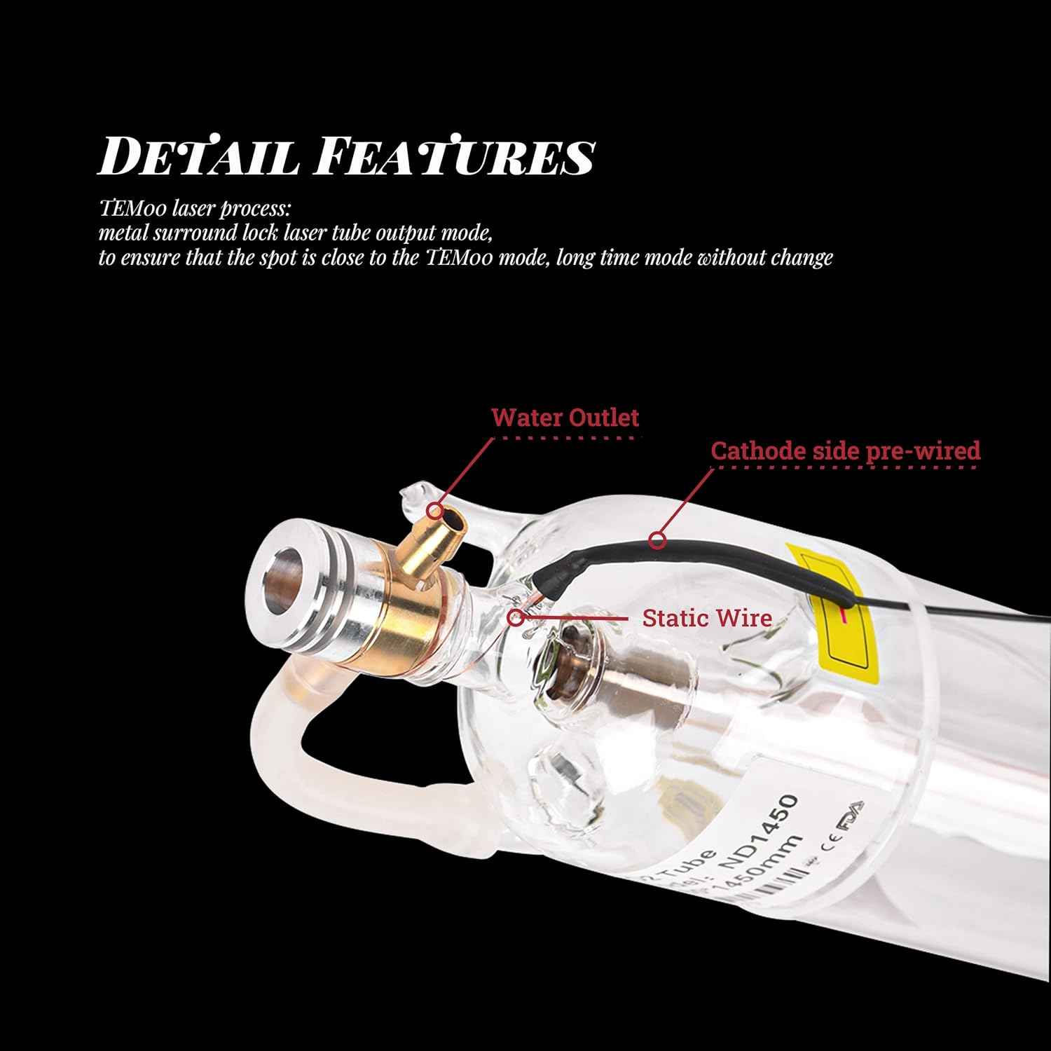 Doppy 60W CO2 Laser Tube 1000mm with Metal Head (Peak 65W) Wires Preconnected with Coating for Laser Cutter Laser Engraving Cutting Machine