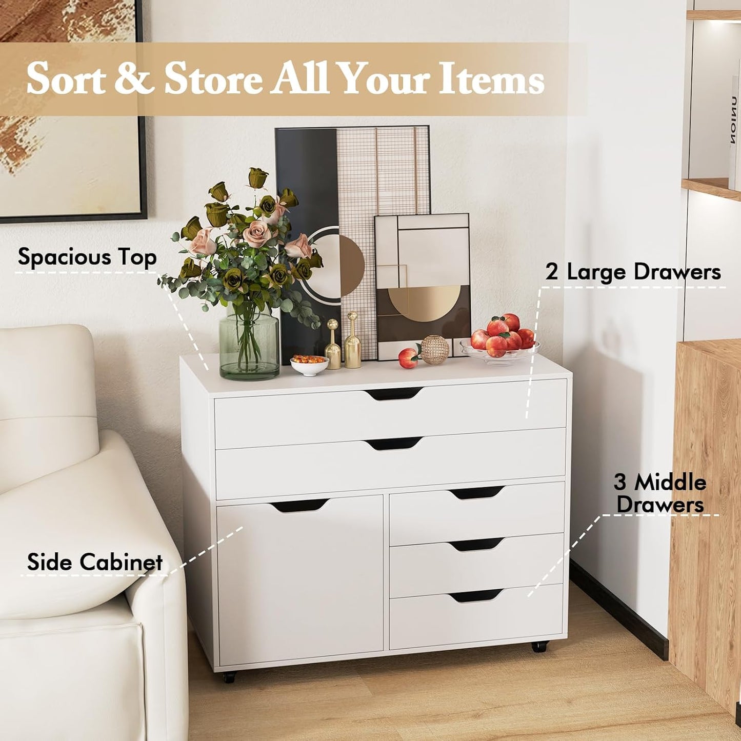 Giantex File Cabinet, Rolling Lateral Filing Cabinet with 2 Large Drawers, 3 Small Drawers, Wheels, Load 220 Lbs, Office Craft Storage Organization, Mobile Storage Organizer, Printer Stand