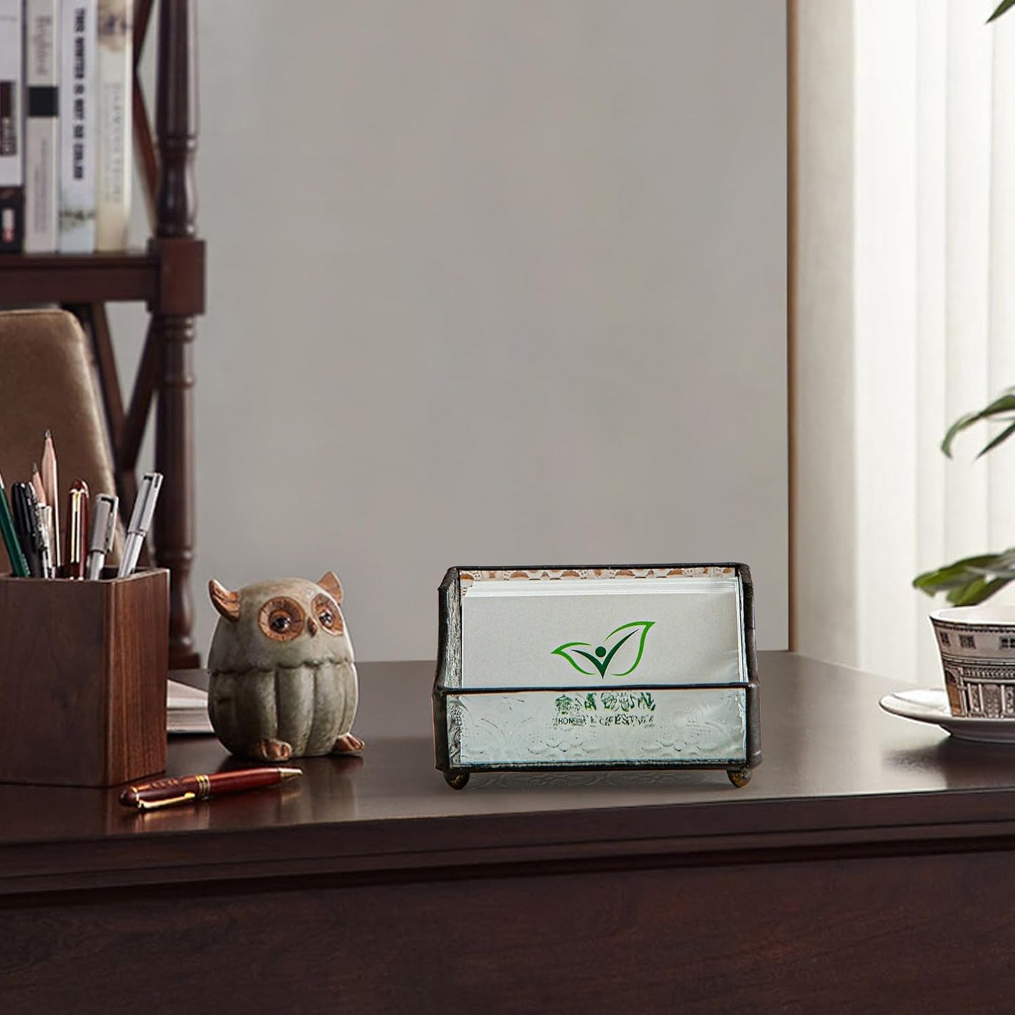 Business Card Holder for Desk, Mosaic Glass Business Card Holders Name Card Stand Organizer Cards Display for Office Exhibition Reception Black