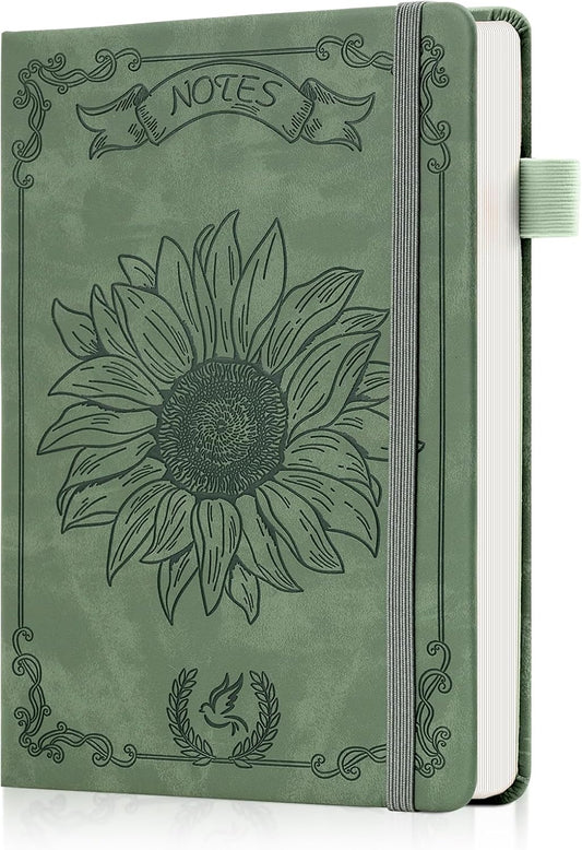 Sunflower Journal for Girls Women Journals for Writing 100GSM College Ruled A5 Leather Notebook for Girls Ages 8-12 Flower Diary with Heart-shaped Shadow, 5.7" x 8.3", Green