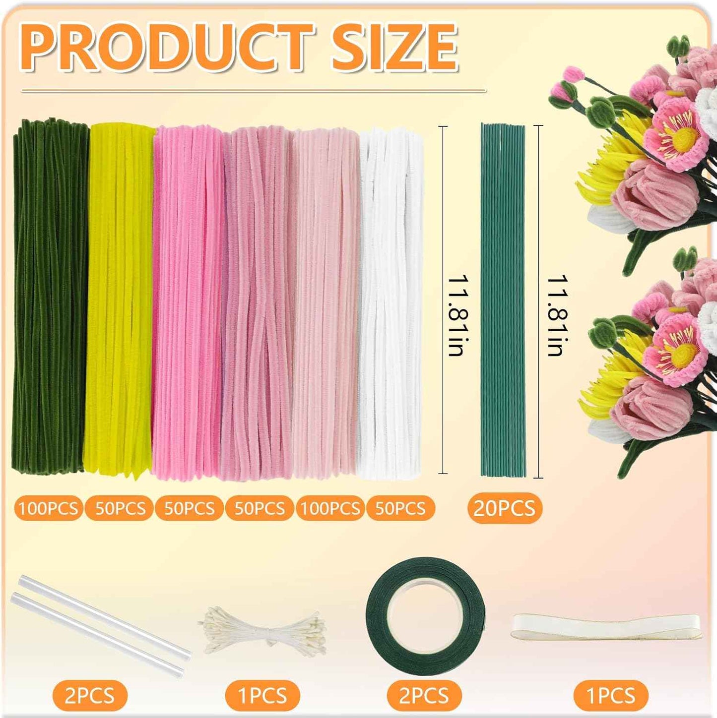 400 Pcs Pipe Cleaners Craft,6 Assorted Colors Pipe Cleaners Bulk, Chenille Stems for DIY Flower Making Kit with Floral Wires, Gardening Tape,Stamen& Ribbon (Pink Flower)