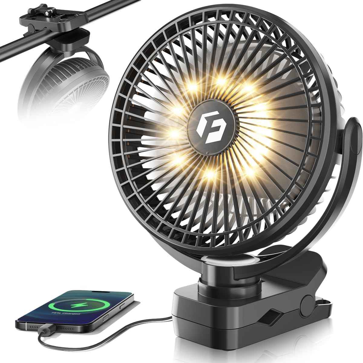 40000mAh Rechargeable Clip on Fan, 8-Inch USB Portable Desk Fan, Screw-Clamp Battery Operated, 3-Speed Airflow, Ideal for Golf Cart, Office, Camping, Outdoor, Travel, Gym, Treadmill,Black