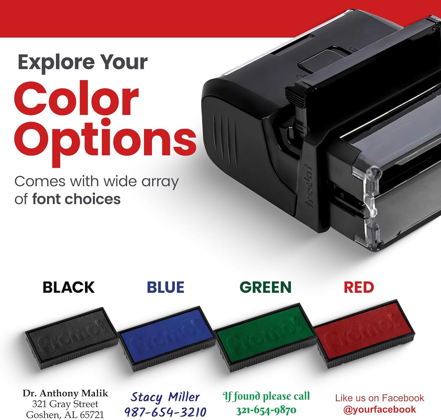 Promot Self Inking Stamp - Large Custom Stamp for Name, Address, Office, or Business Use - Up to 5-Line Personalized Rubber Stamp - Customizable Font & Ink Color - Personalized Name Stamp