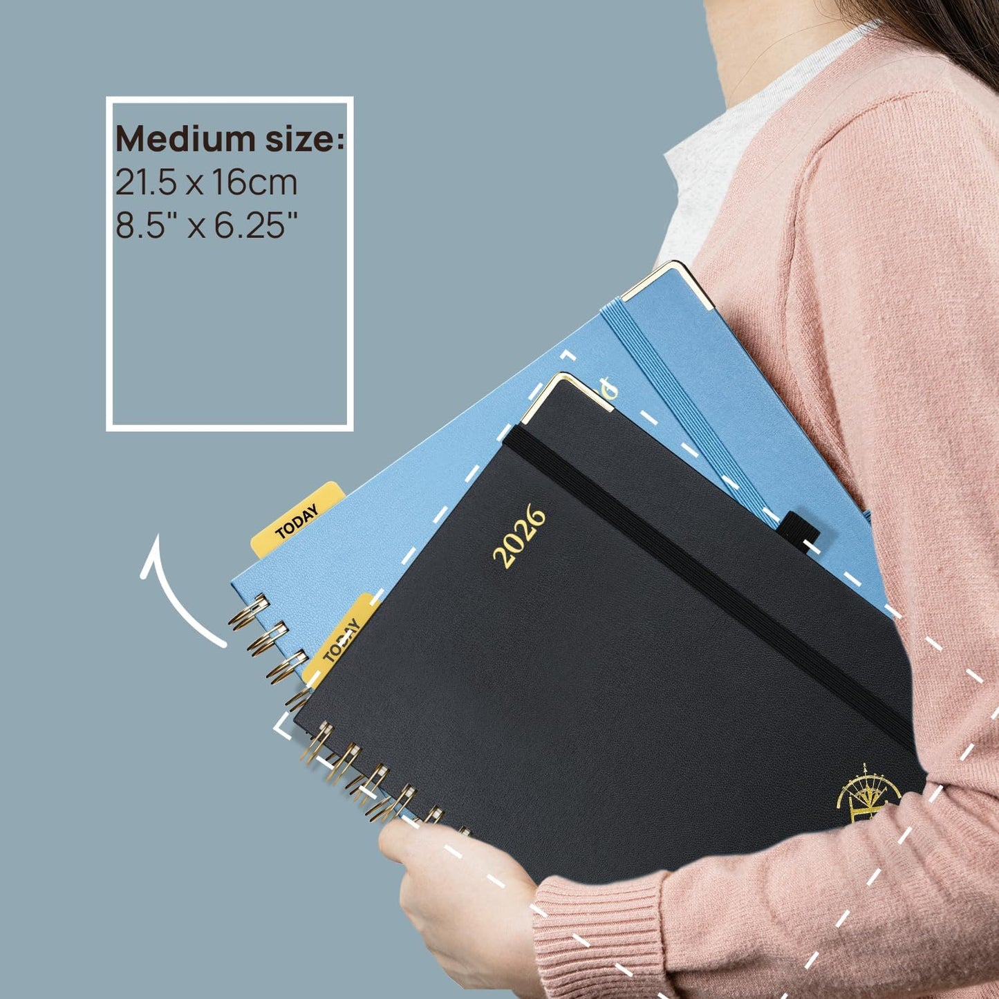 POPRUN 2026 Planner (Medium Size 8.5'' x 6.25'' Wire-Bound Hard Cover) Daily Weekly and Monthly Calendar - Agenda 2026 (Jan.2026-Dec.2026) with Hourly Schedule, Monthly Tabs - Light Yellow
