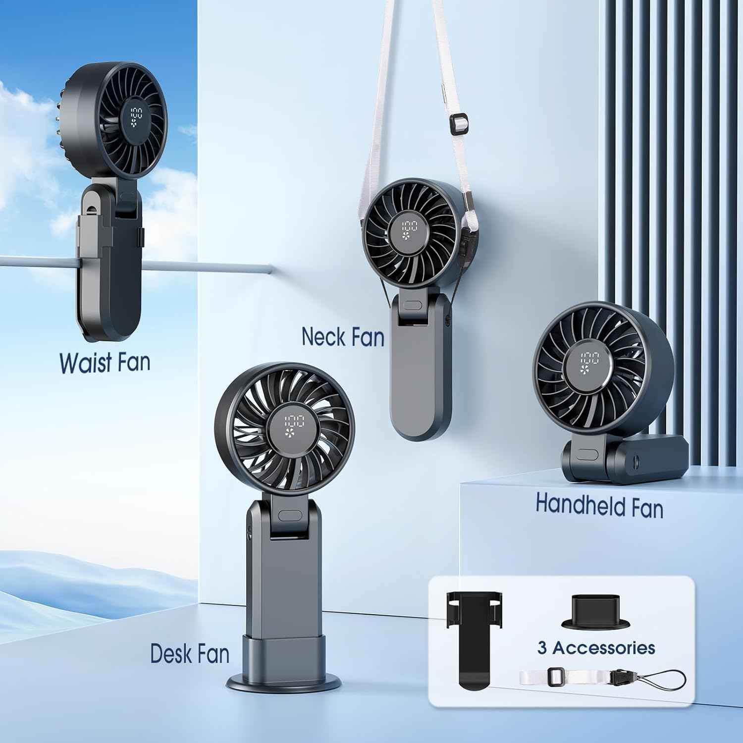 【5200mAh】Portable Handheld Fans for Travel, High-Speed Motor, Rechargeable Hand Held Fan, 5 Speed,180°Foldable, Small Personal Fan,4-IN-1 Hand/Desk/Waist/Neck Fans,Summer Beach Travel Essentials