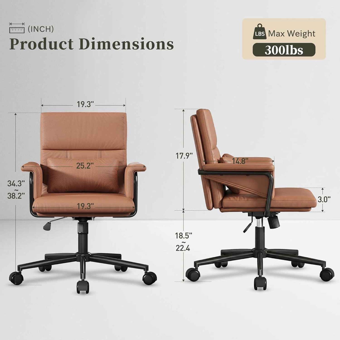 Leather Office Chair, Mid Back Ergonomic Desk Chair with Lumbar Support, Modern Computer Chair with Padded Armrest &Wheels, Height Adjustable Swivel Chair with Tilt Lock (Brown)