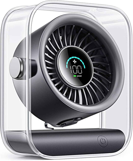 DIGIX Portable Desk Fan for Bedroom, Rechargeable Small Table Fan with 100 Speeds, 90° Rotation, Turbo Airflow, LED Display, Quiet Personal USB Cooling Fan for Office Home Travel Camping, Black