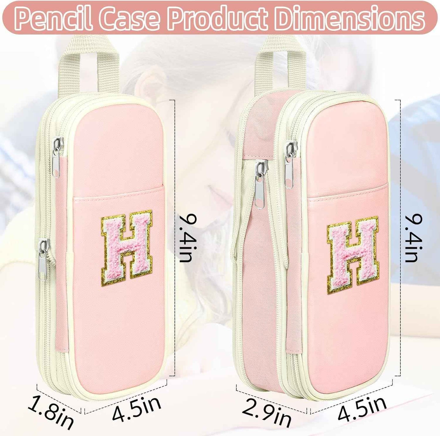 Preppy Pencil Case for Girls, Large Initial Pencil Pouch for School Supplies, Portable Pink Pen Bag with Zipper, Cute Aesthetic Pen Box, Compartments Stationary Organizer for Kids Teens Adults