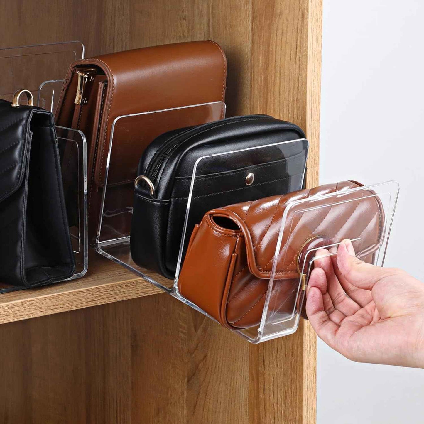 2 Pcs Acrylic Purse Organizer for Closet, 4 Sections Clear Handbag Storage Shelf 16.5 x 5.7 x 5.1 Inch Thickened Handbags Divider for Clutch, Clothes, Book, Document