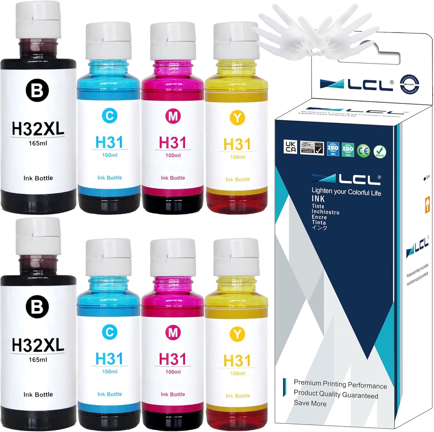 LCL Compatible with HP 31 32XL Ink Bottle Set Replacement for HP Smart Tank 7301 7001 7602 5000 6001 5101 5102 Plus 651 551 455 457 All-in-One Ink-Tank Printer (8-Pack 165ML 32XL Black,100ML 31 Color)