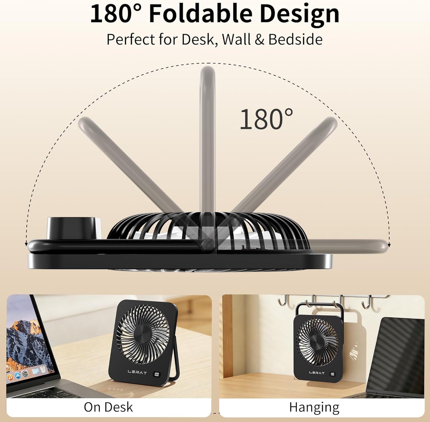 Lerat Portable Desk Fan, Small USB Rechargeable Fan with LED Display, 5-Speed Ultra-Quiet 180° Foldable Mini Fan for Summer Cruise Travel, Cooling Gifts for Women Girls Kids (Black)