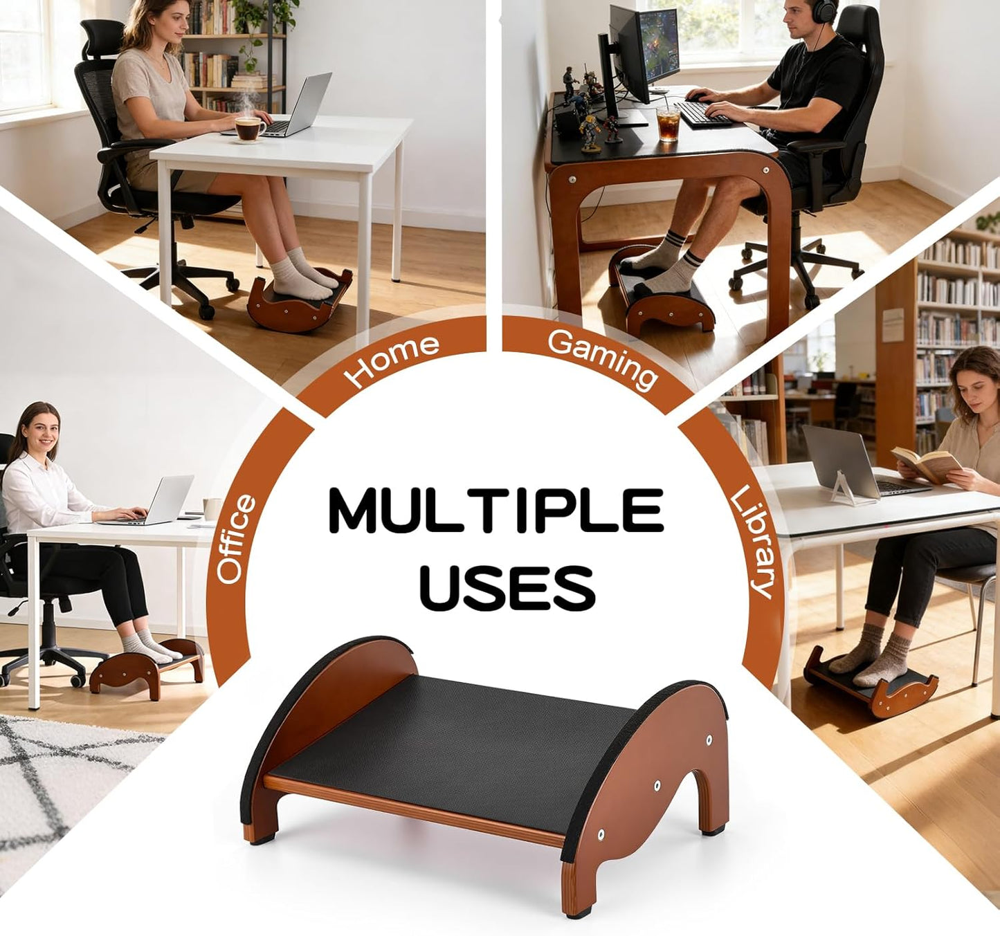 Foot Rest Under Desk – Ergonomic Solid Wood Under Desk Footrest with Non-Slip Silicone Top & Rubber Feet, 10° Tilt Foot Stool for Office Home, 40×28×16cm