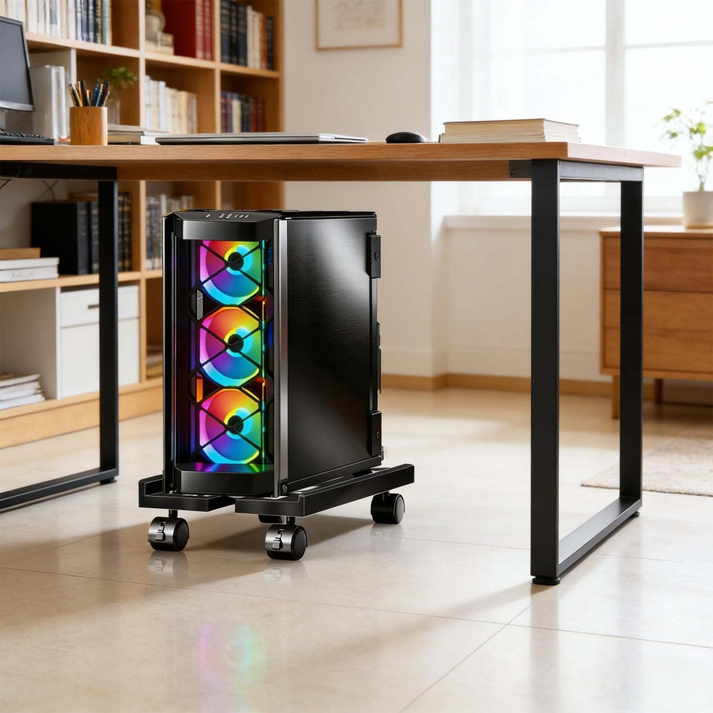 PC Stand, Mobile CPU Stand for Floor, Adjustable CPU Rolling Stand, Under Desk Computer Tower Stand, Computer Mobile Cart Holder with Locking Caster Wheels PC Tower Stand for Home and Office - Black